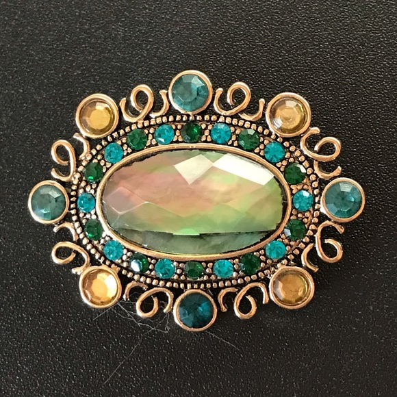 MONET stunning oval teal and gold stone pin brooch like new IOB - Picture 3 of 6